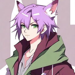 An anime-style guy with modern clothing, featuring green eyes and long light purple hair with styled bangs and a hair antenna