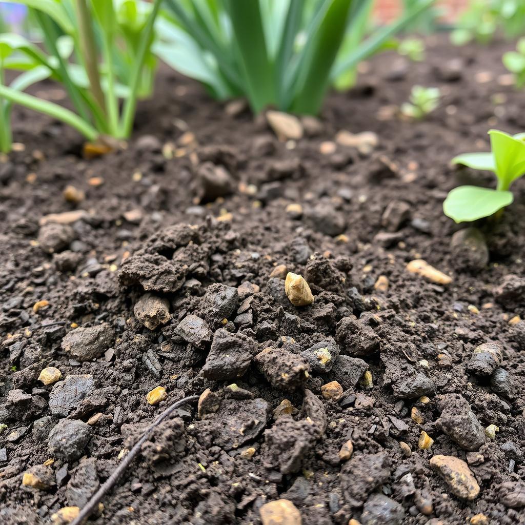 A front view of soil in a garden, showing the texture and natural elements.