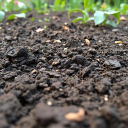 A front view of soil in a garden, showing the texture and natural elements.