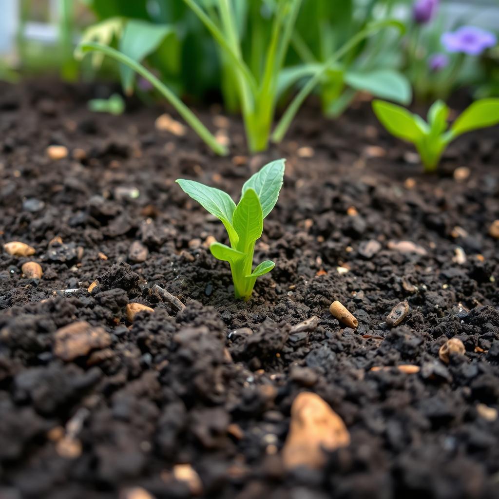 A front view of soil in a garden, showing the texture and natural elements.