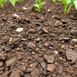 A front view of soil in a garden, showing the texture and natural elements.