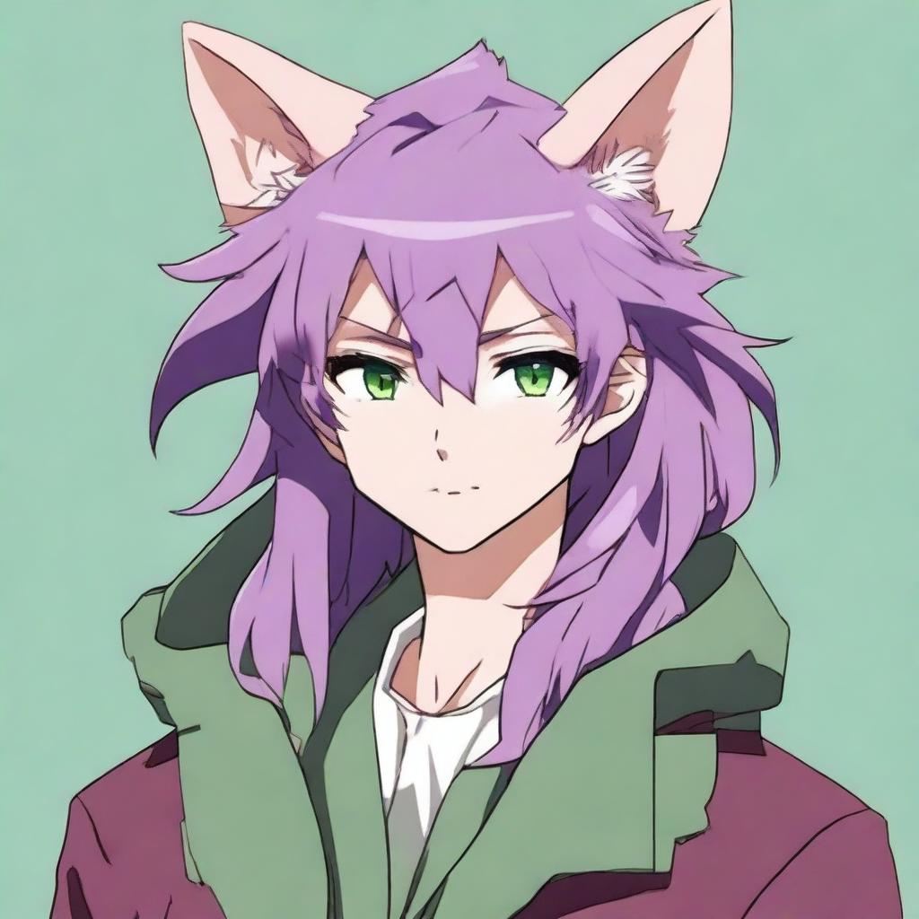 An anime-style male character with striking green eyes and long light purple hair featuring styled bangs and a hair antenna