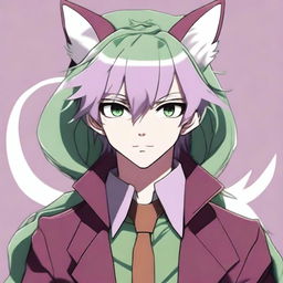 An anime-style male character with striking green eyes and long light purple hair featuring styled bangs and a hair antenna