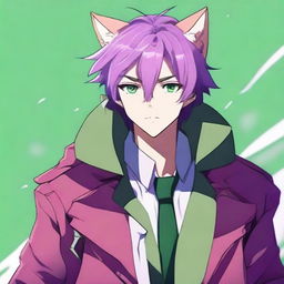 An anime-style male character with striking green eyes and long light purple hair featuring styled bangs and a hair antenna