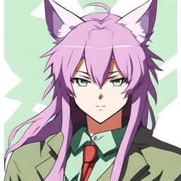 An anime-style male character with striking green eyes and long light purple hair featuring styled bangs and a hair antenna