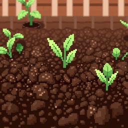 A front view of soil in a garden depicted in pixel art style