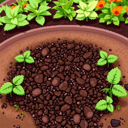 A front view of soil in a garden depicted in pixel art style