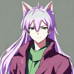 An anime guy with modern clothing and green eyes