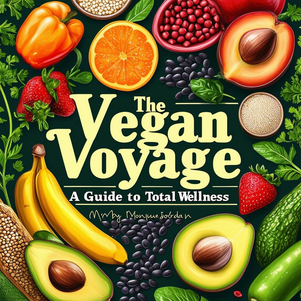 Create a vibrant and inviting printable cookbook cover titled 'The Vegan Voyage: A Guide to Total Wellness' by Monique Nikki Jordan, featuring an elegant italic font, fresh, natural colors, illustrations of vegetables, fruits, herbs, black beans, chickpeas, quinoa, avocados, strawberries, bananas, rice, and other vegan items, with a clean, modern design