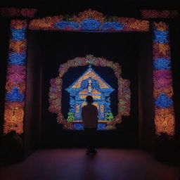 A futuristic interpretation of Indonesian Java culture, blending traditional elements like batik fabrics, shadow puppets, and Javanese architecture with advanced technology, neon lights, and a digital aesthetic.