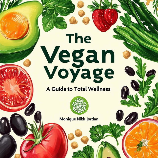 Create a vibrant and inviting printable cookbook cover titled 'The Vegan Voyage: A Guide to Total Wellness' by Monique Nikki Jordan, featuring fresh, natural colors, illustrations of vegetables, fruits, herbs, black beans, and chickpeas, with an elegant italic font and a clean, modern design