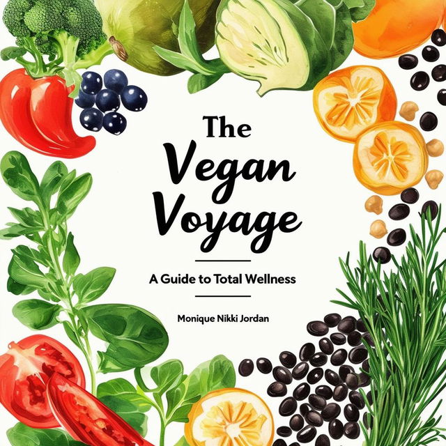 Create a vibrant and inviting printable cookbook cover titled 'The Vegan Voyage: A Guide to Total Wellness' by Monique Nikki Jordan, featuring fresh, natural colors, illustrations of vegetables, fruits, herbs, black beans, and chickpeas, with an elegant italic font and a clean, modern design