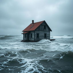 Uma imagem de uma casa assombrada no meio do mar