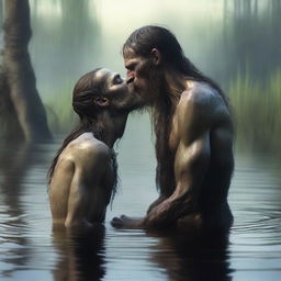 In a swamp, an emaciated tall giant with long hair and a beard, skinny with visible obliques, stands over and bends down to kiss a small, skinny, petite male who is kneeling in the water