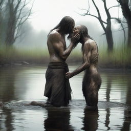 In a swamp, an emaciated tall giant with long hair and a beard, skinny with visible obliques, stands over and bends down to kiss a small, skinny, petite male who is kneeling in the water