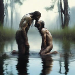 In a swamp, an emaciated tall giant with long hair and a beard, skinny with visible obliques, stands over and bends down to kiss a small, skinny, petite male who is kneeling in the water