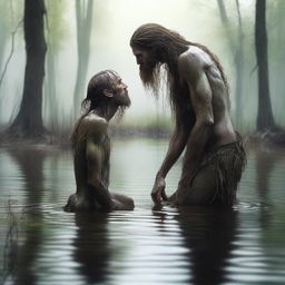 In a swamp, an emaciated tall giant with long hair and a beard, skinny with visible obliques, stands over and bends down to kiss a small, skinny, petite male who is kneeling in the water