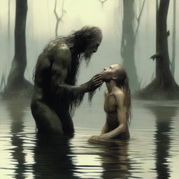 In a swamp, an emaciated tall giant with long hair and a beard bends down to kiss a small, skinny, petite male who is kneeling in the water