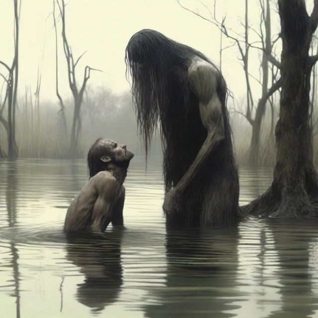 In a swamp, an emaciated tall giant with long hair and a beard bends down to kiss a small, skinny, petite male who is kneeling in the water