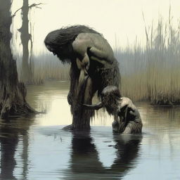 In a swamp, an emaciated tall giant with long hair and a beard bends down to kiss a small, skinny, petite male who is kneeling in the water