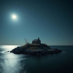 A small island in the sea with an abandoned house, surrounded by a sky full of stars