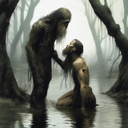 In a swamp, an emaciated tall giant with long hair and a beard bends down to kiss a small, skinny, petite male who is kneeling in the water