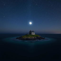 A small island in the sea with an abandoned house, surrounded by a sky full of stars