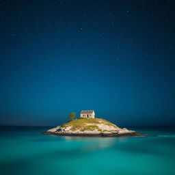 A small island in the sea with an abandoned house, surrounded by a sky full of stars