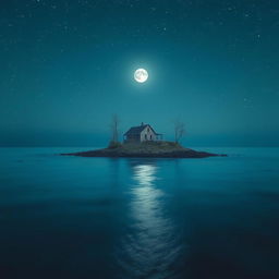 A small island in the sea with an abandoned house, surrounded by a sky full of stars