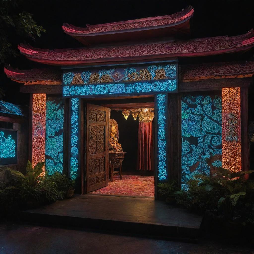 A futuristic interpretation of Indonesian Java culture, blending traditional elements like batik fabrics, shadow puppets, and Javanese architecture with advanced technology, neon lights, and a digital aesthetic.