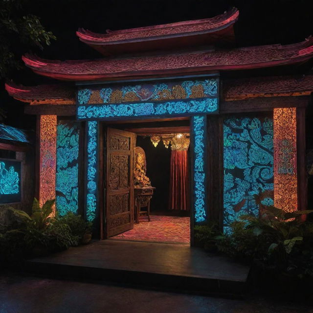 A futuristic interpretation of Indonesian Java culture, blending traditional elements like batik fabrics, shadow puppets, and Javanese architecture with advanced technology, neon lights, and a digital aesthetic.