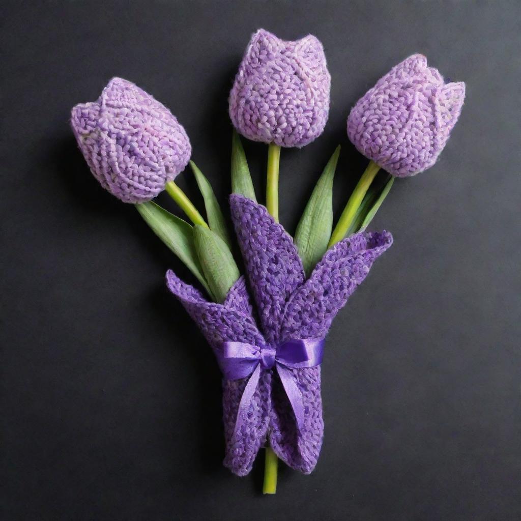 Three crochet tulips in pastel purple color, intricately wrapped in a dark purple wrapper.