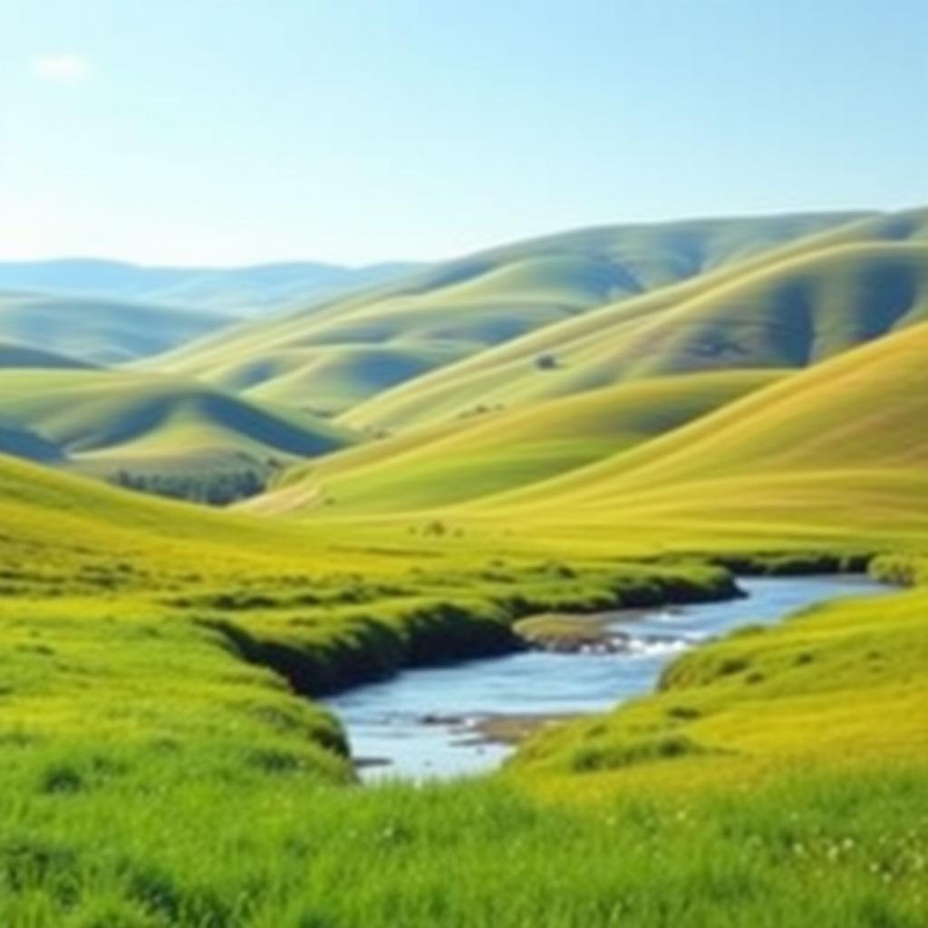 A serene landscape with rolling hills, a clear blue sky, and a gentle river flowing through a lush green meadow