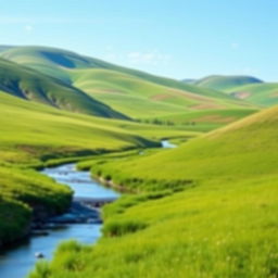 A serene landscape with rolling hills, a clear blue sky, and a gentle river flowing through a lush green meadow