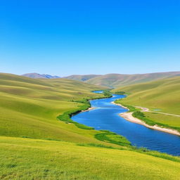 A serene landscape with rolling hills, a clear blue sky, and a gentle river flowing through a lush green meadow