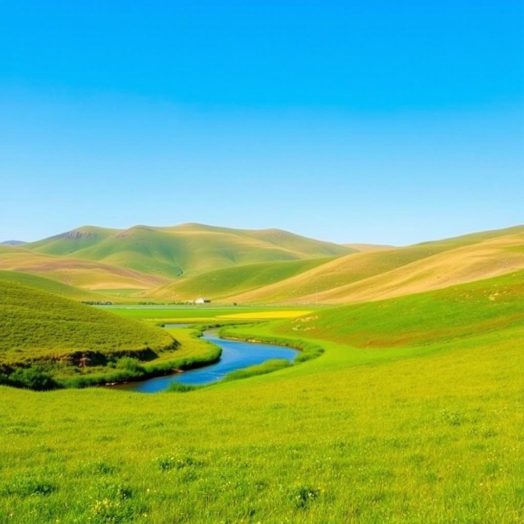 A serene landscape with rolling hills, a clear blue sky, and a gentle river flowing through a lush green meadow