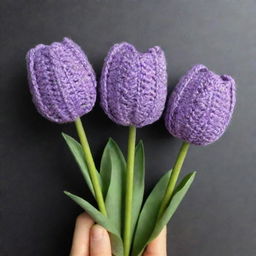 Three crochet tulips in pastel purple color, intricately wrapped in a dark purple wrapper.