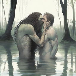 In a murky swamp, an emaciated, tall giant with long hair and a beard bends down to kiss a small, skinny, and handsome male who is kneeling in the water