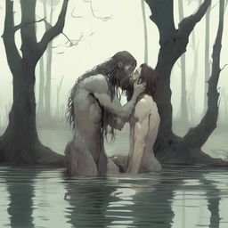 In a murky swamp, an emaciated, tall giant with long hair and a beard bends down to kiss a small, skinny, and handsome male who is kneeling in the water