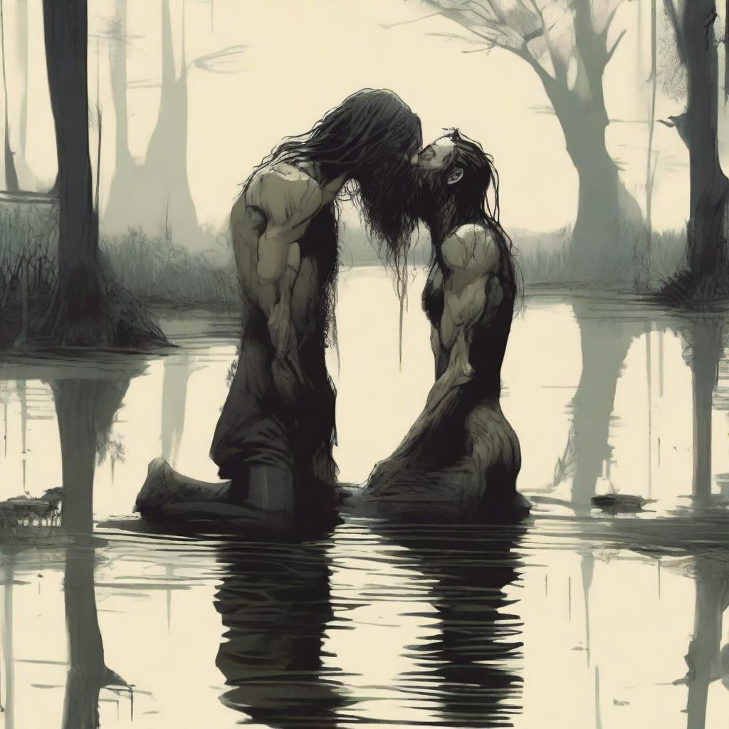 In a murky swamp, an emaciated, tall giant with long hair and a beard bends down to kiss a small, skinny, and handsome male who is kneeling in the water