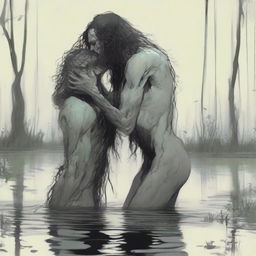 In a murky swamp, an emaciated, tall giant with long hair and a beard bends down to kiss a small, skinny, and handsome male who is kneeling in the water