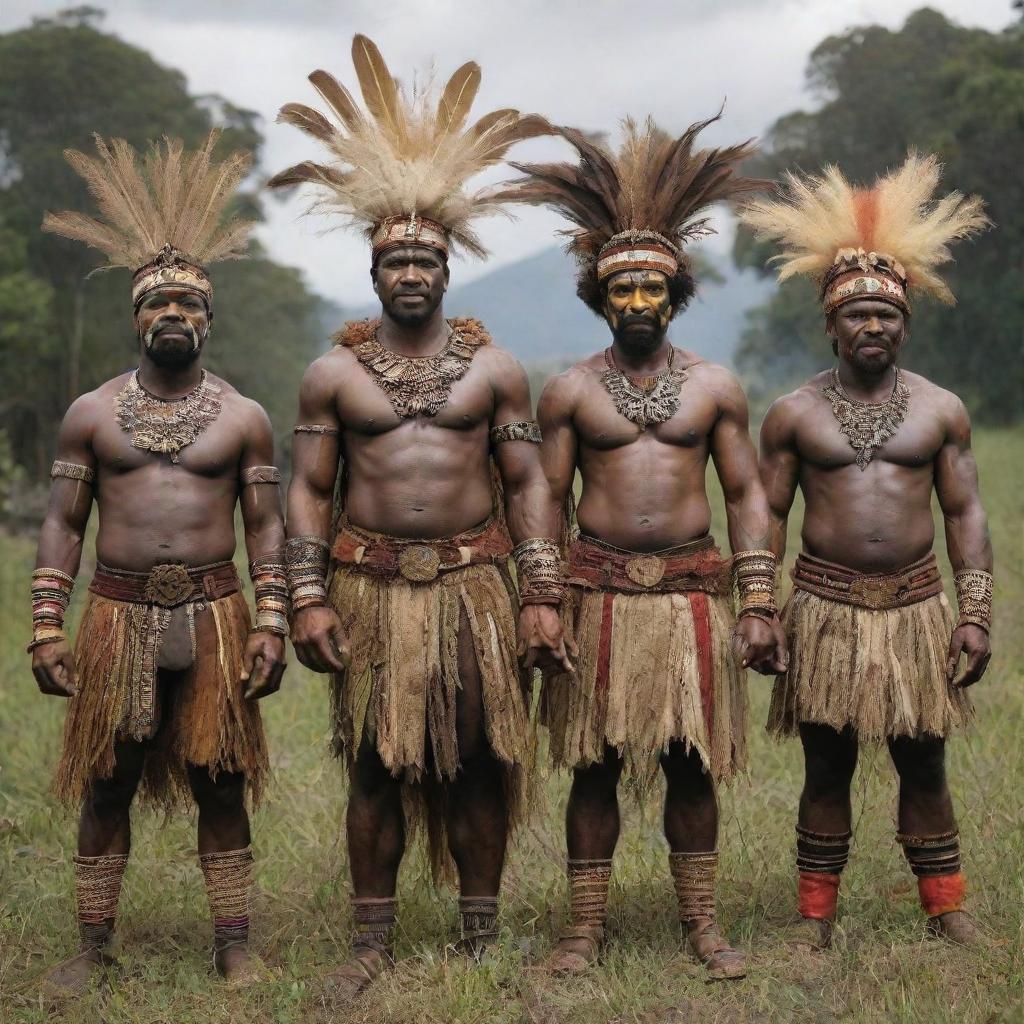 An imaginative version of The Avengers as if they originated from Papua New Guinea, donned in traditional garb and featuring distinct cultural elements.