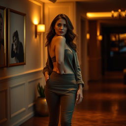 A woman standing in a softly lit room, wearing stylish and elegant clothing