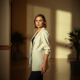 A woman standing in a softly lit room, wearing stylish and elegant clothing