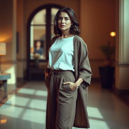 A woman standing in a softly lit room, wearing stylish and elegant clothing