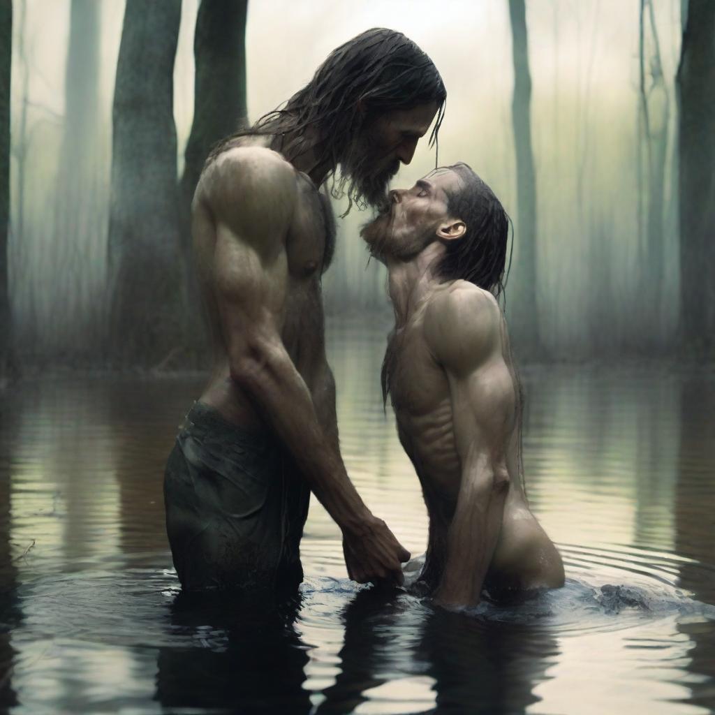 In a swamp, an emaciated tall giant with long hair and a beard, skinny and with visible obliques, stands over and bends down to kiss a small, skinny, petite, and handsome male kneeling in water