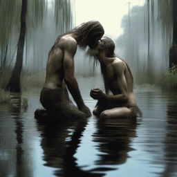 In a swamp, an emaciated tall giant with long hair and a beard, skinny and with visible obliques, stands over and bends down to kiss a small, skinny, petite, and handsome male kneeling in water