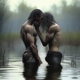 In a swamp, an emaciated tall giant with long hair and a beard, skinny and with visible obliques, stands over and bends down to kiss a small, skinny, petite, and handsome male kneeling in water