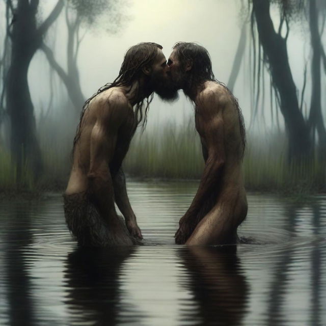 In a swamp, an emaciated tall giant with long hair and a beard, skinny and with visible obliques, stands over and bends down to kiss a small, skinny, petite, and handsome male kneeling in water