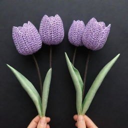 Three crochet tulips in pastel purple color, intricately wrapped in a dark purple wrapper.